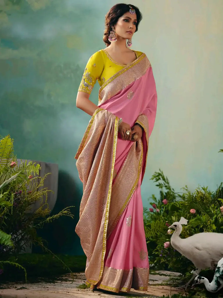 Glamorous Baby Pink Zari Weaving Tissue Engagement Wear Saree With Blouse