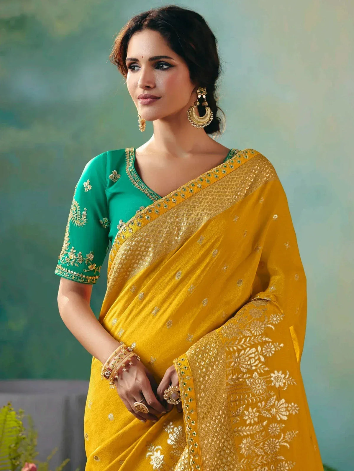 Yellow saree with gold embroidery and green blouse, Indian ethnic wear for women