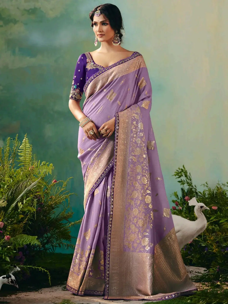 Awesome Lavender Hand Work Tissue Engagement Wear Saree With Blouse