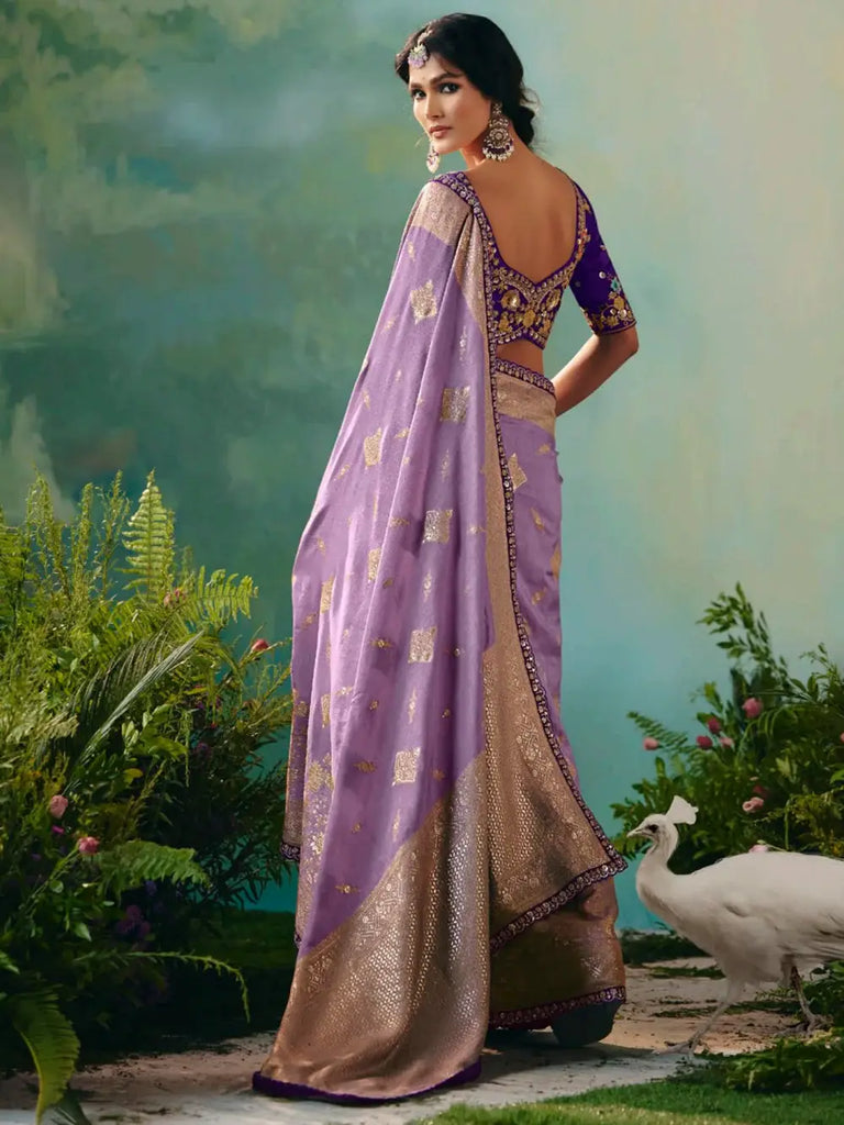 Awesome Lavender Hand Work Tissue Engagement Wear Saree With Blouse