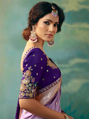 Awesome Lavender Hand Work Tissue Engagement Wear Saree With Blouse