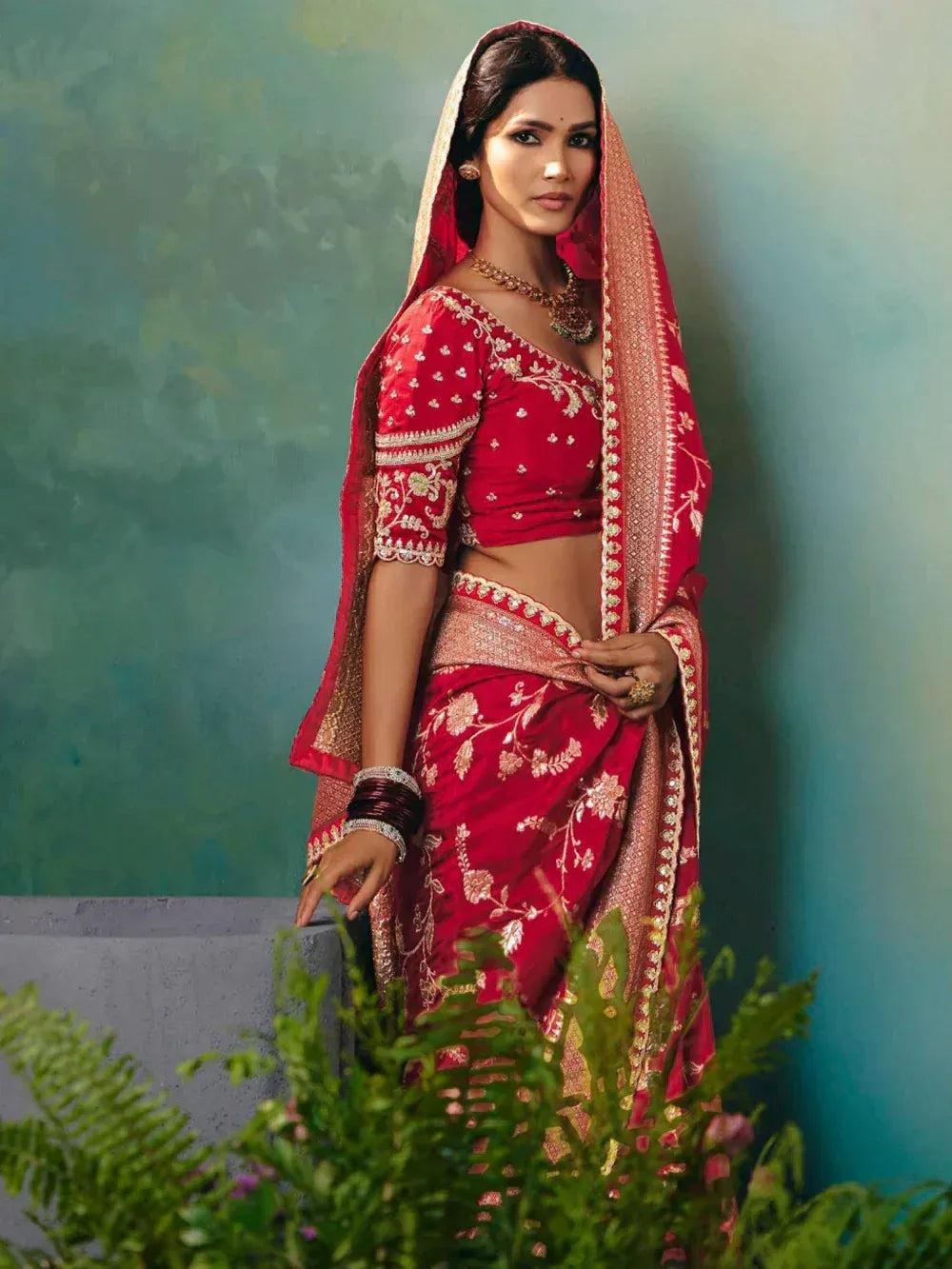 Outstanding Red Hand Work Tissue Wedding Wear Saree With Blouse