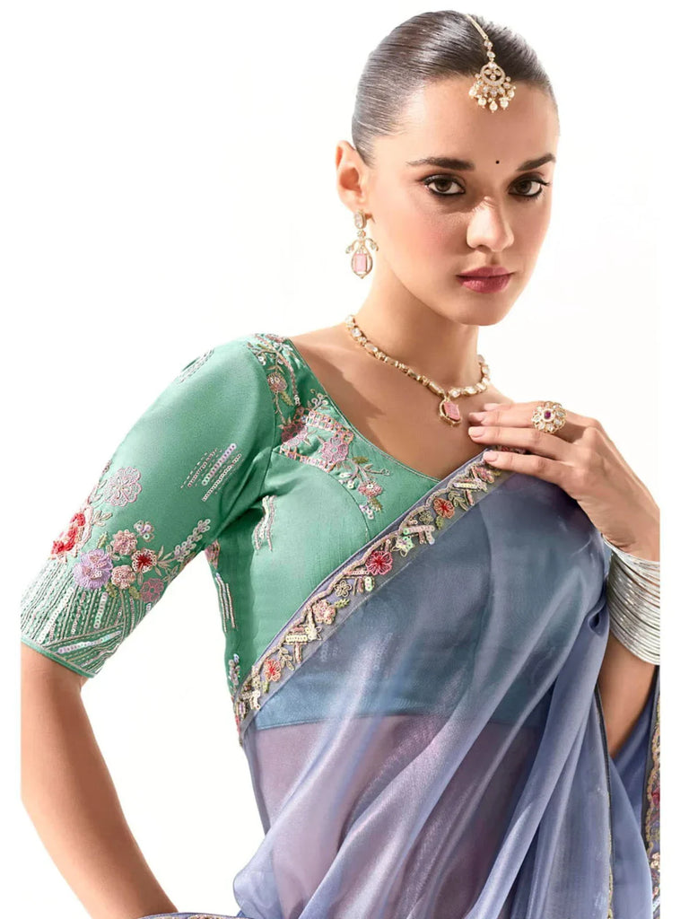 Mesmerizing Dusty Blue Border Work Tissue Silk Engagement Wear Saree