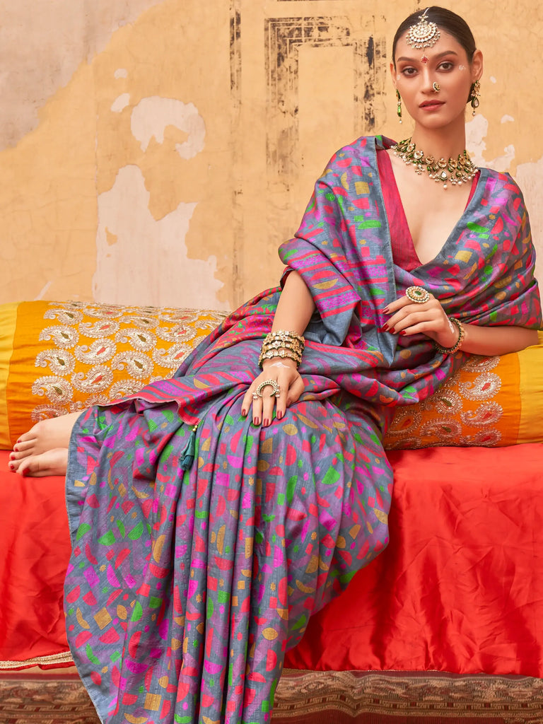 Awesome Grey Digital Printed Silk Everyday Wear Saree With Blouse