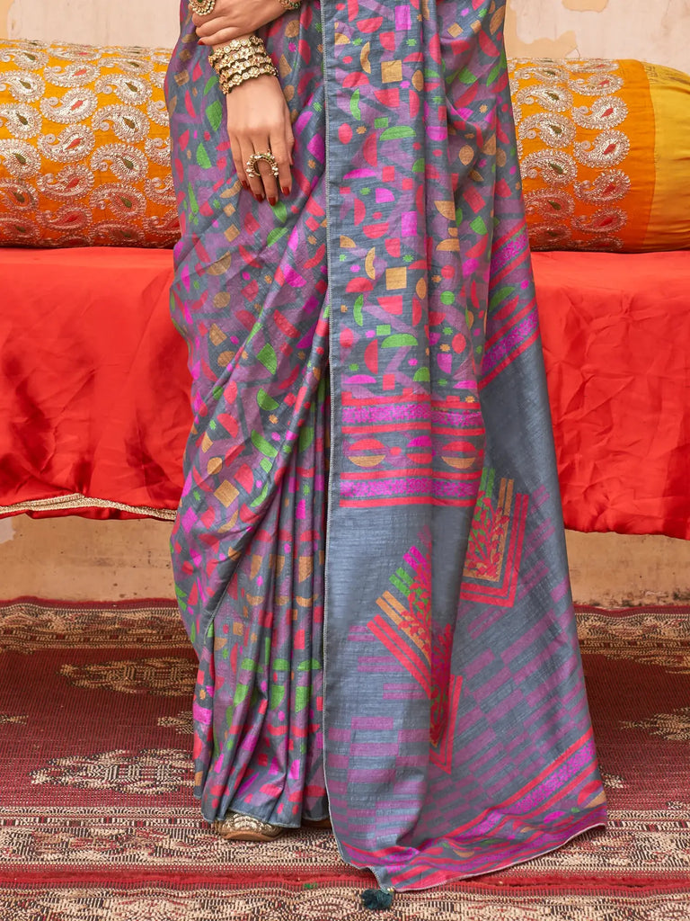 Awesome Grey Digital Printed Silk Everyday Wear Saree With Blouse