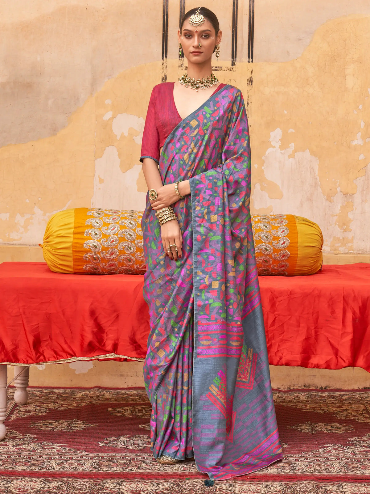 Awesome Grey Digital Printed Silk Everyday Wear Saree With Blouse