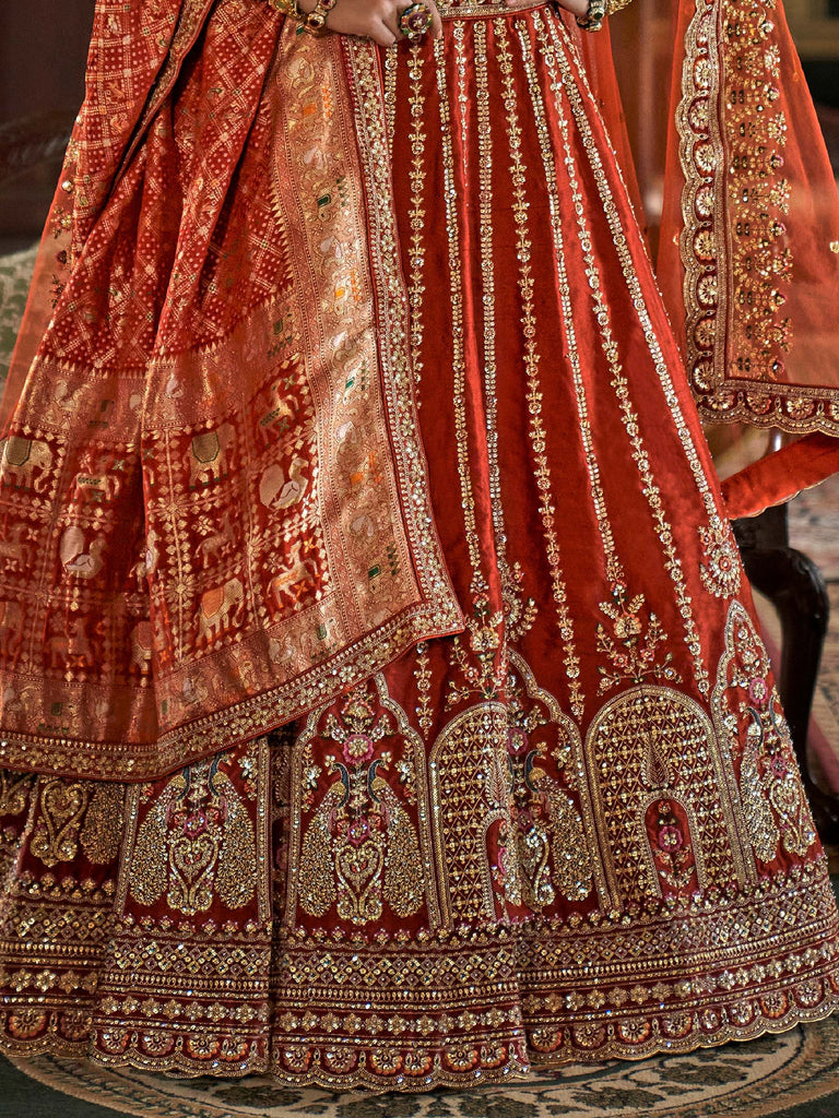 Good-looking Orange Pearl Work Silk Bridal Lehenga Choli With Double Dupatta