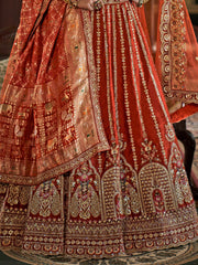Good-looking Orange Pearl Work Silk Bridal Lehenga Choli With Double Dupatta