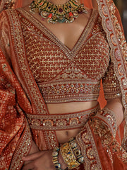 Good-looking Orange Pearl Work Silk Bridal Lehenga Choli With Double Dupatta