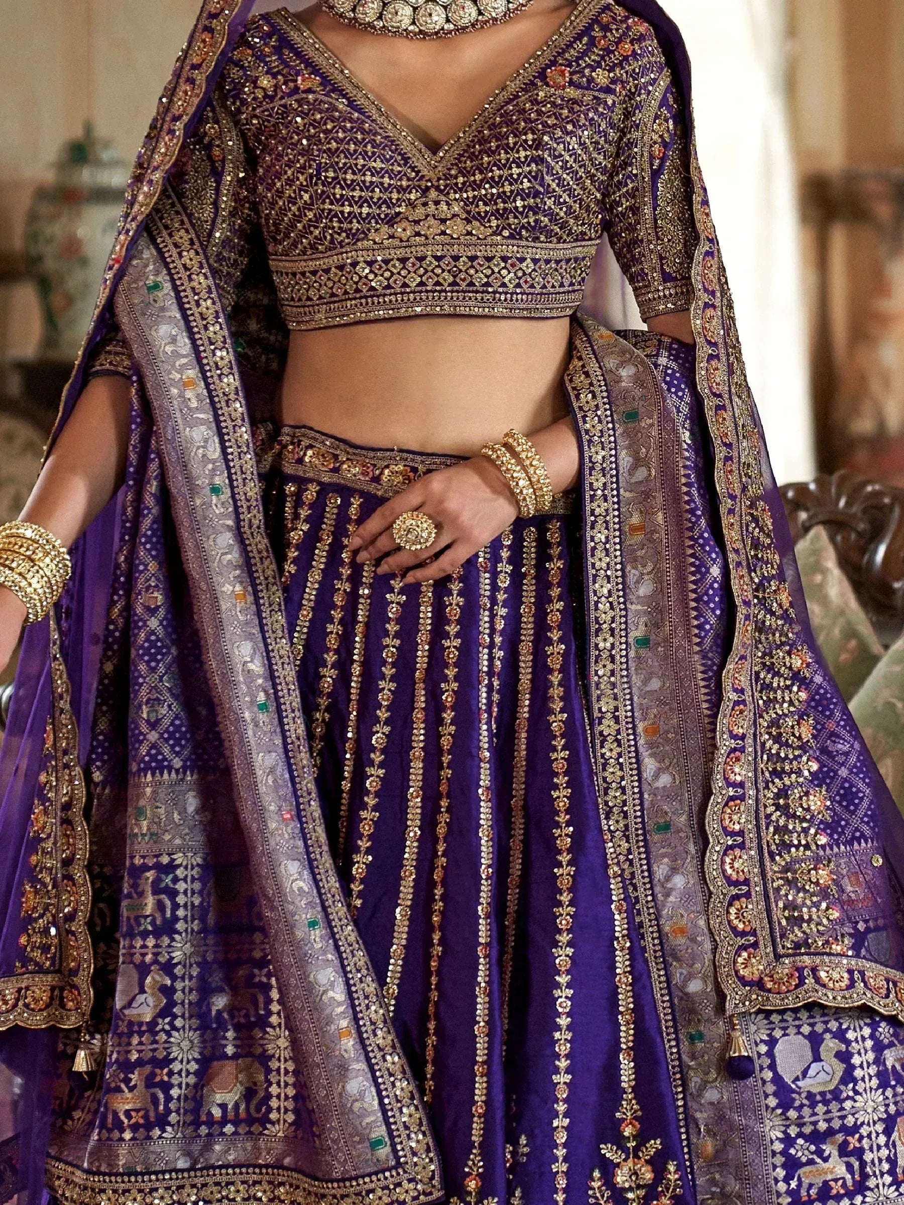 Purple designer lehenga choli with heavy gold embroidery and dupatta, Indian ethnic wear