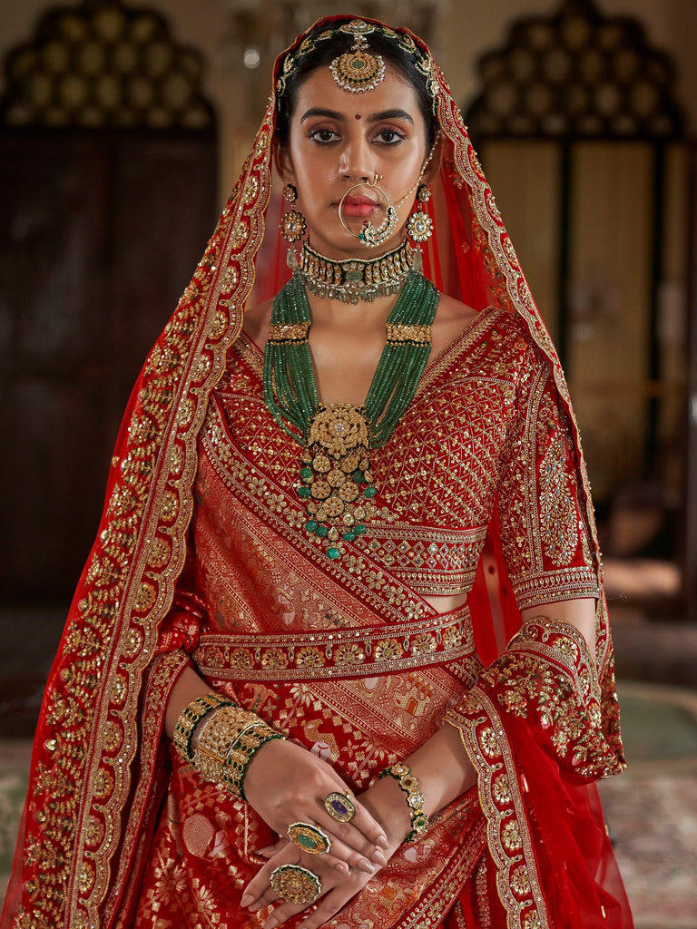 Bewitching Red Thread Work Silk Bridal Lehenga Choli With Double Dupatta