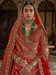 Bewitching Red Thread Work Silk Bridal Lehenga Choli With Double Dupatta