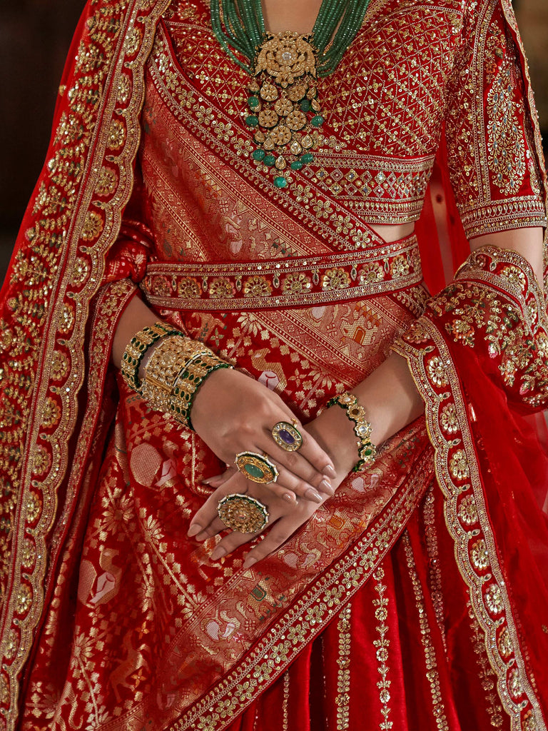 Bewitching Red Thread Work Silk Bridal Lehenga Choli With Double Dupatta