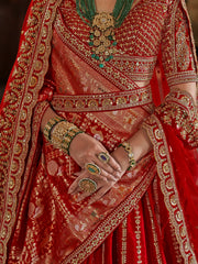 Bewitching Red Thread Work Silk Bridal Lehenga Choli With Double Dupatta
