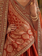 Awesome Orange Sequins Silk Bridal Wear Lehenga Choli With Double Dupatta