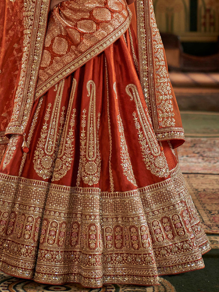Awesome Orange Sequins Silk Bridal Wear Lehenga Choli With Double Dupatta