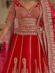 Mesmerizing Red Zari Work Silk Bridal Lehenga Choli With Double Dupatta