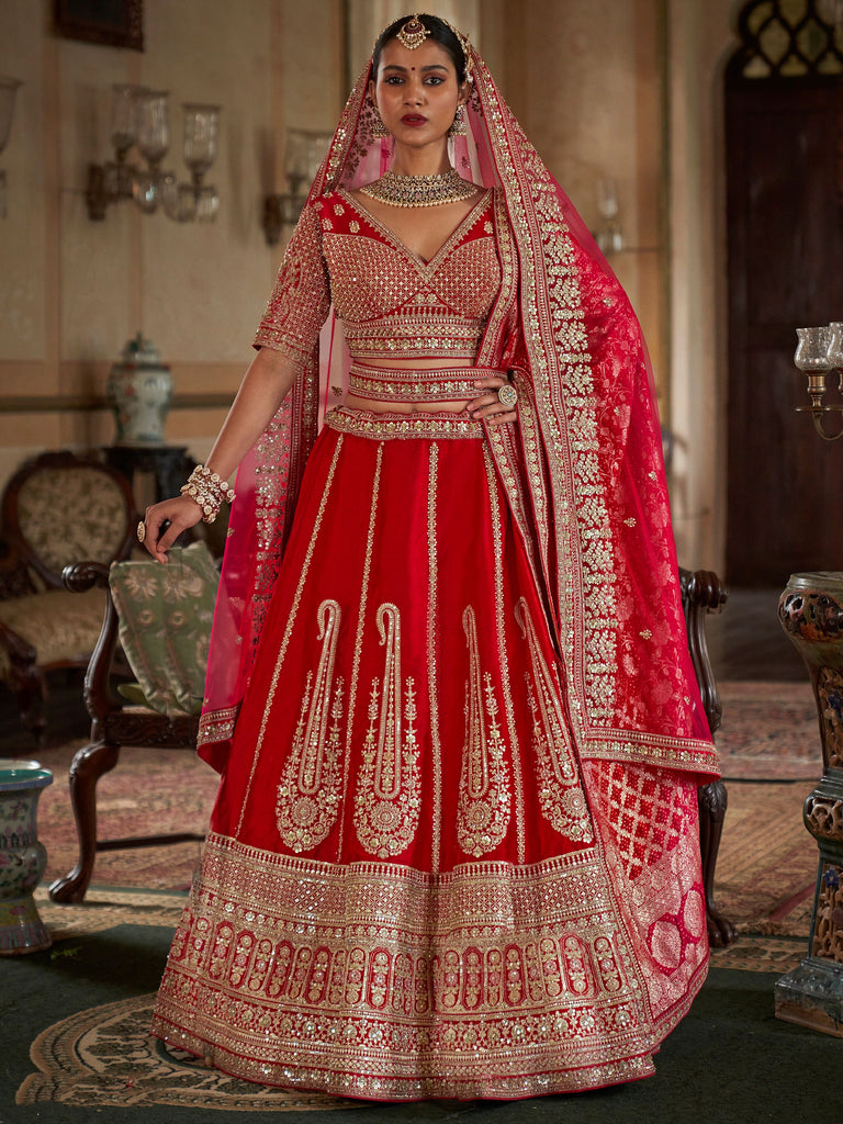 Mesmerizing Red Zari Work Silk Bridal Lehenga Choli With Double Dupatta