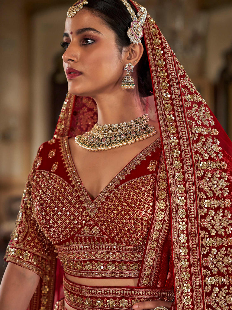 Mesmerizing Red Zari Work Silk Bridal Lehenga Choli With Double Dupatta