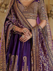 Lovely Purple Pearl Work Silk Bridal Wear Lehenga Choli With Double Dupatta