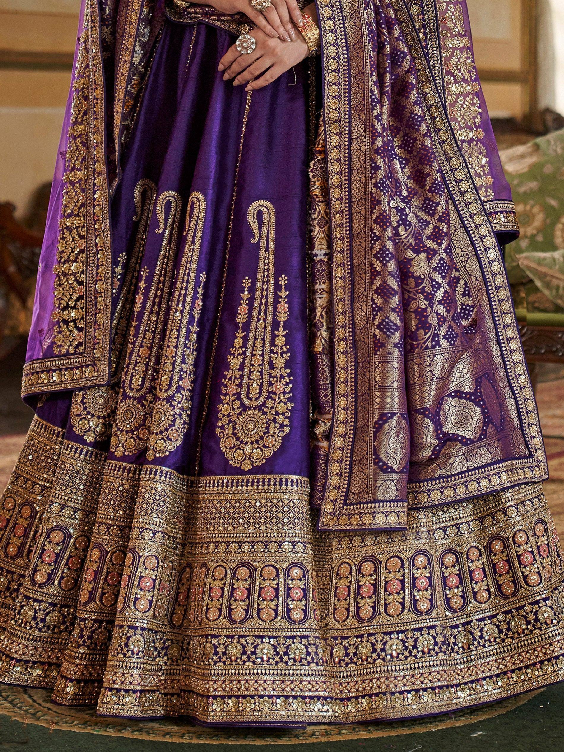 Purple designer lehenga choli with gold embroidery and embellished dupatta, ethnic Indian wear