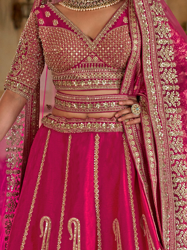 Beautiful Hot Pink Sequins Silk Bridal Lehenga Choli With Double Dupatta