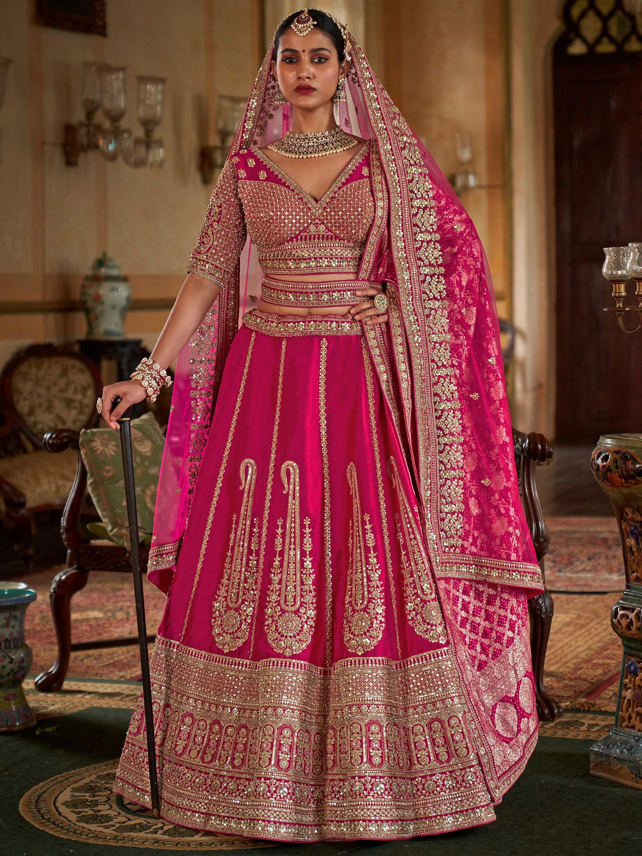 Beautiful Hot Pink Sequins Silk Bridal Lehenga Choli With Double Dupatta