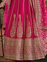 Beautiful Hot Pink Sequins Silk Bridal Lehenga Choli With Double Dupatta
