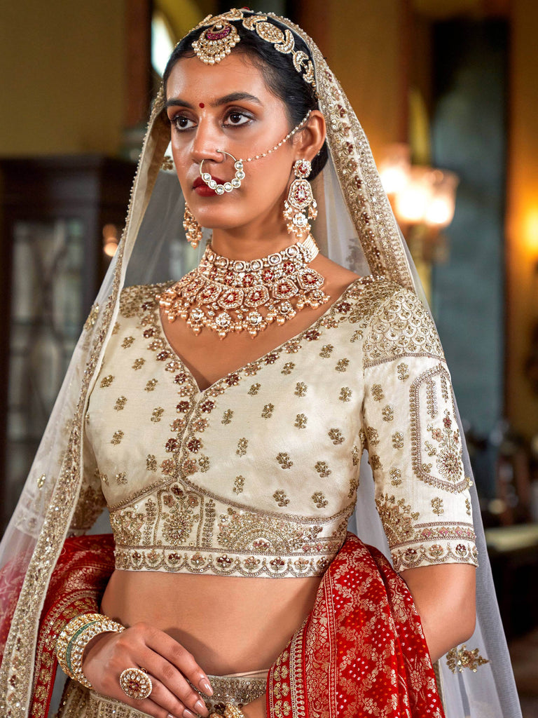 Alluring Cream Pearl Work Silk Bridal Lehenga Choli With Double Dupatta