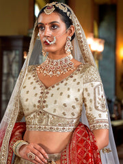 Alluring Cream Pearl Work Silk Bridal Lehenga Choli With Double Dupatta