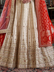 Alluring Cream Pearl Work Silk Bridal Lehenga Choli With Double Dupatta