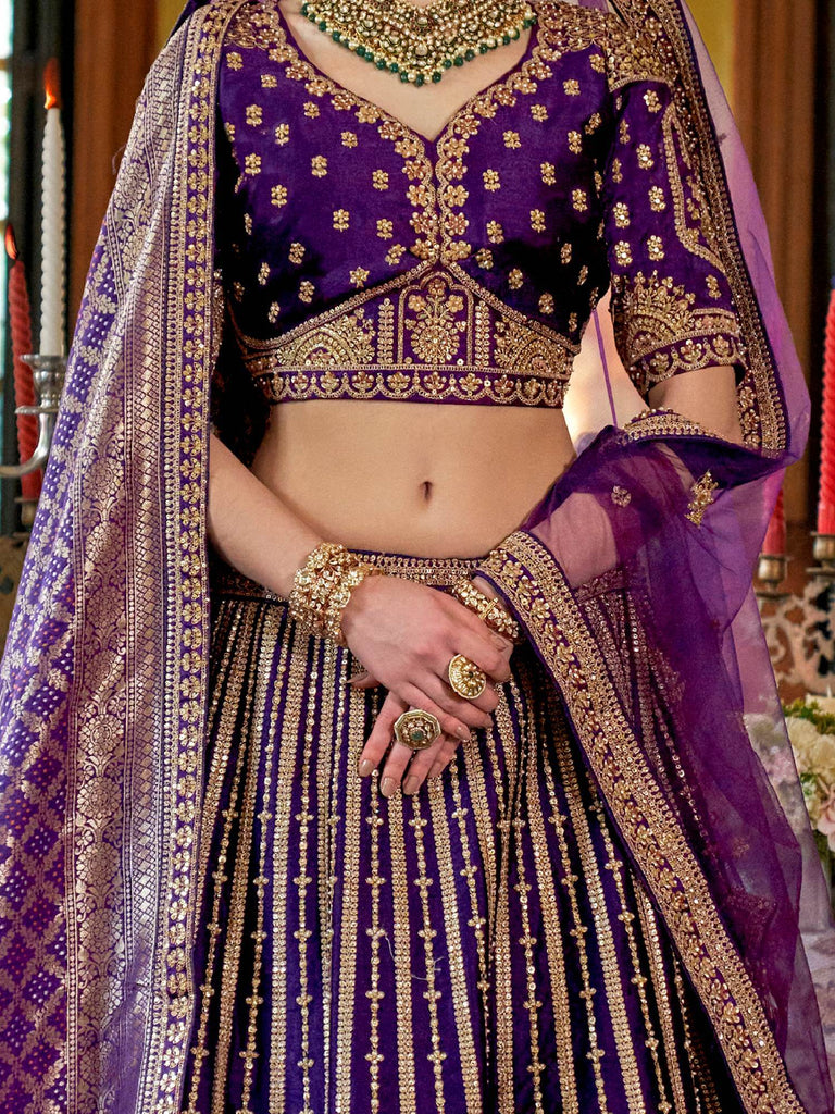 Marvelous Purple Sequins Silk Bridal Wear Lehenga Choli With Double Dupatta