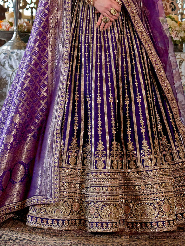 Marvelous Purple Sequins Silk Bridal Wear Lehenga Choli With Double Dupatta