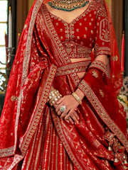 Beautiful Red Pearl Work Silk Bridal Lehenga Choli With Double Dupatta