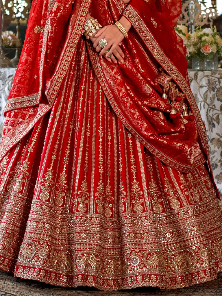 Beautiful Red Pearl Work Silk Bridal Lehenga Choli With Double Dupatta