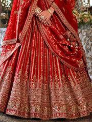 Beautiful Red Pearl Work Silk Bridal Lehenga Choli With Double Dupatta