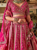 Adorable Pink Embroidered Silk Bridal Wear Lehenga Choli With Double Dupatta