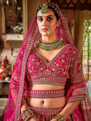 Adorable Pink Embroidered Silk Bridal Wear Lehenga Choli With Double Dupatta