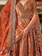Outstanding Orange Pearl Work Silk Bridal Lehenga Choli With Double Dupatta