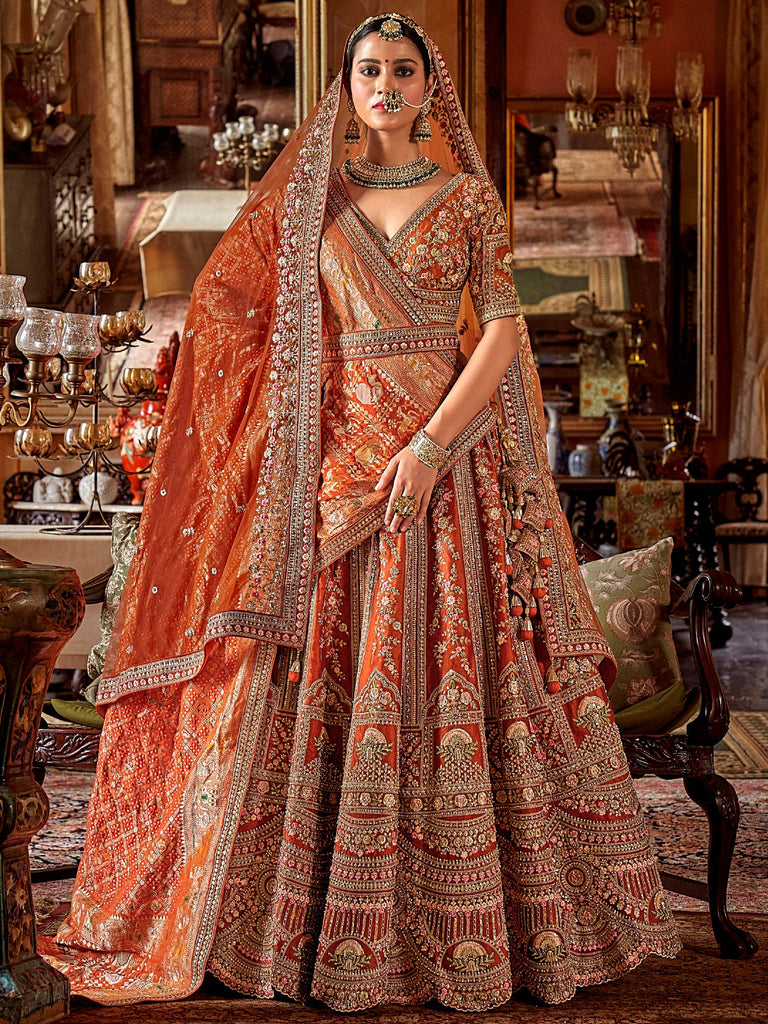 Outstanding Orange Pearl Work Silk Bridal Lehenga Choli With Double Dupatta