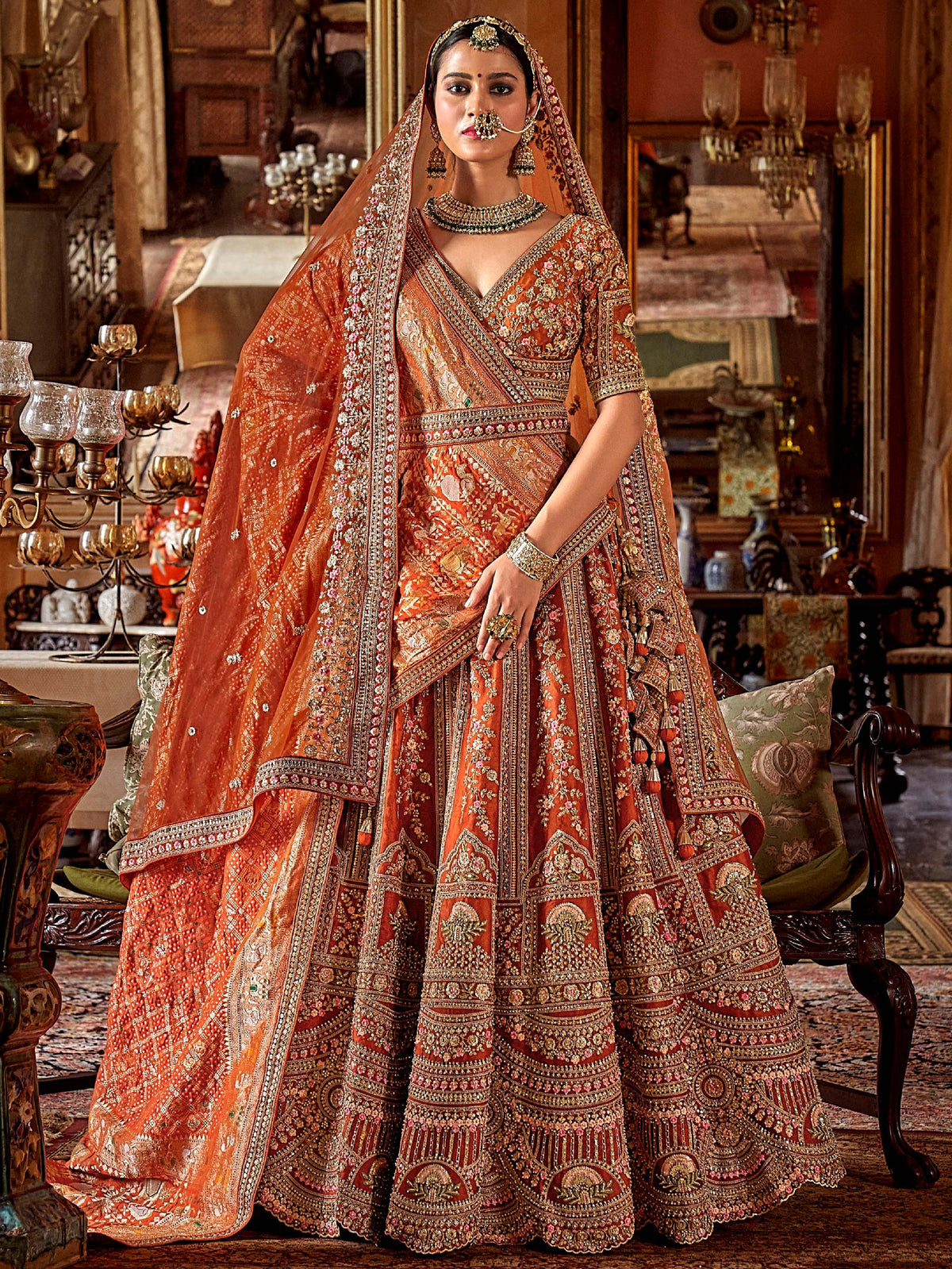 Outstanding Orange Pearl Work Silk Bridal Lehenga Choli With Double Dupatta