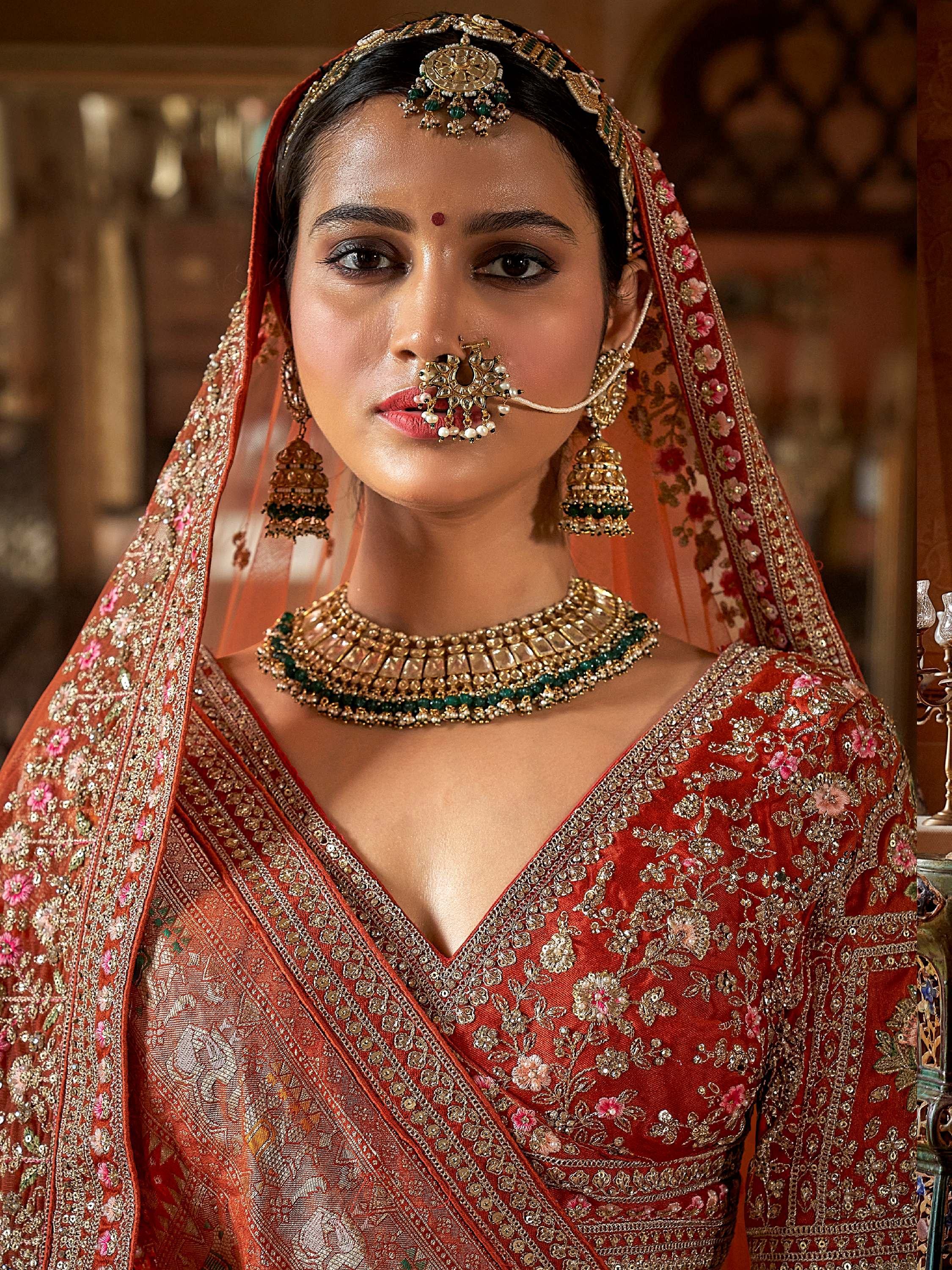 Outstanding Orange Pearl Work Silk Bridal Lehenga Choli With Double Dupatta