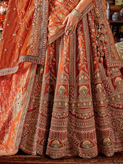 Outstanding Orange Pearl Work Silk Bridal Lehenga Choli With Double Dupatta
