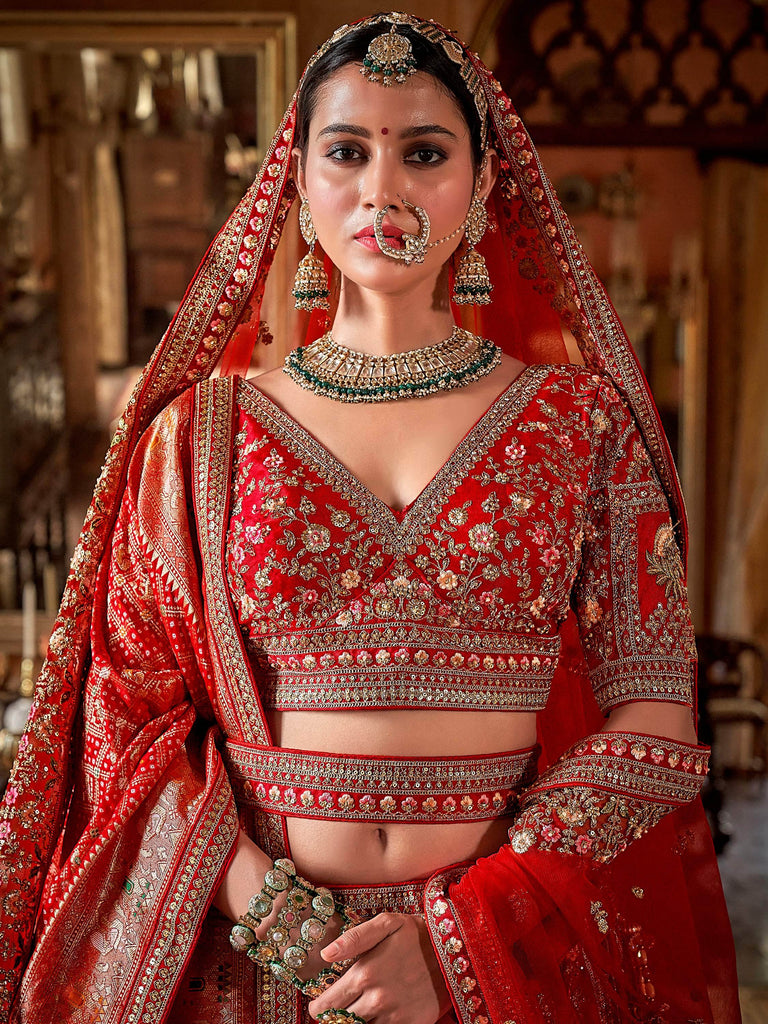 Wonderful Pink & Red Sequins Silk Bridal Wear Lehenga Choli With Double Dupatta