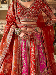 Wonderful Pink & Red Sequins Silk Bridal Wear Lehenga Choli With Double Dupatta