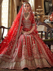 Mesmerizing Red Sequins Silk Bridal Lehenga Choli With Double Dupatta