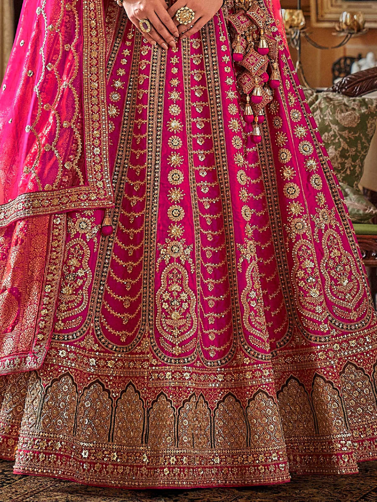 Gorgeous Pink Embroidered Silk Bridal Wear Lehenga Choli With Double Dupatta