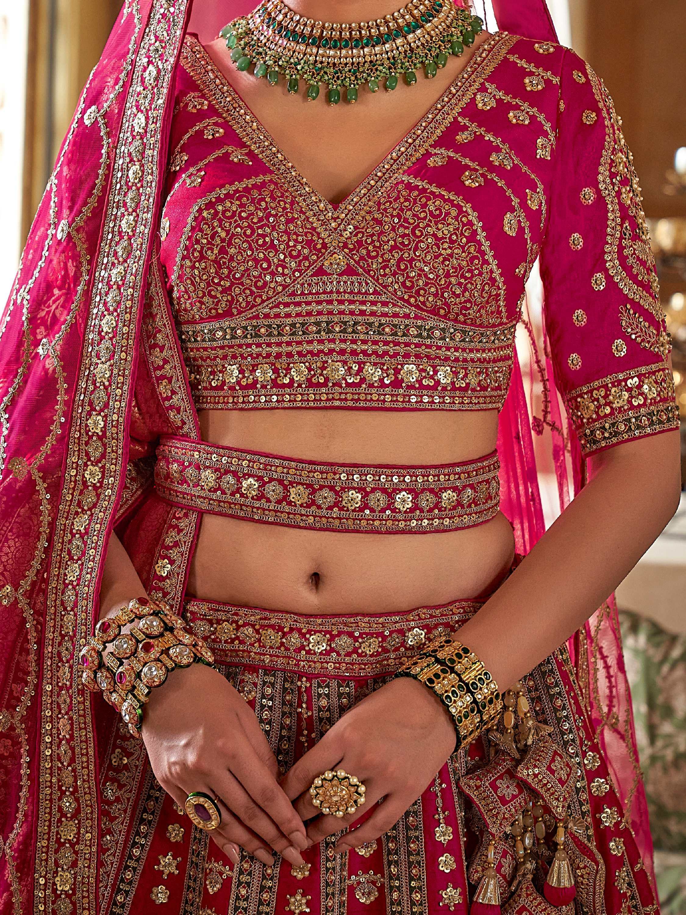 Gorgeous Pink Embroidered Silk Bridal Wear Lehenga Choli With Double Dupatta