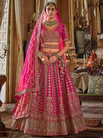 Gorgeous Pink Embroidered Silk Bridal Wear Lehenga Choli With Double Dupatta