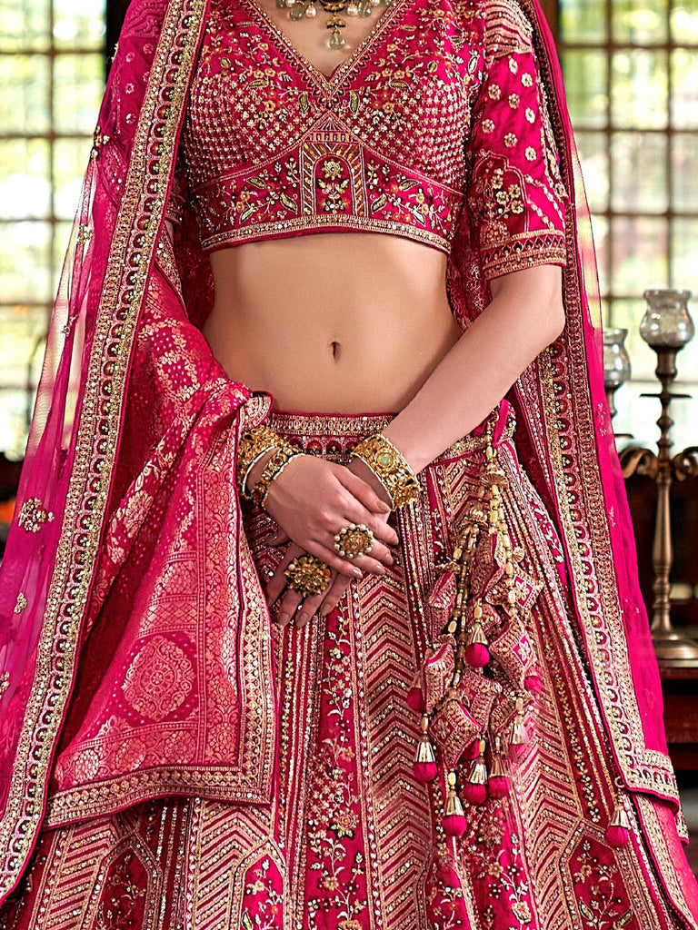 Charming Pink Thread Work Silk Bridal Wear Lehenga Choli With Double Dupatta